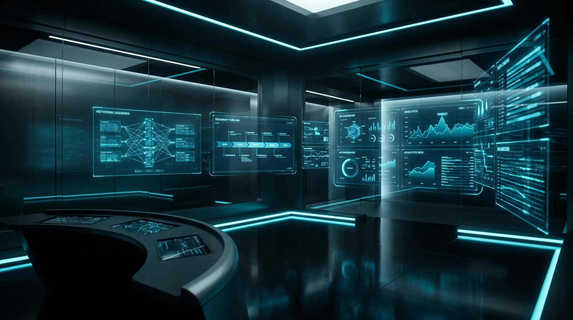 AI strategy command center with holographic dashboards, a roadmap timeline, and analytics